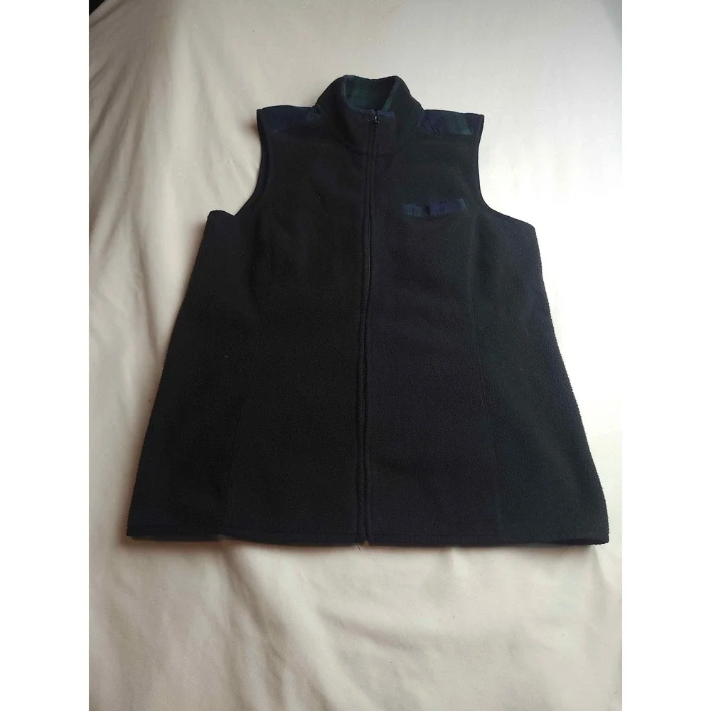 Brooks Brothers Navy Fleece Vest Black Watch Plaid Trim Full Zip Womens Medium